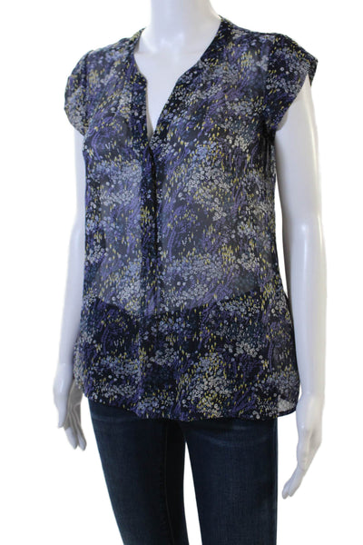 Joie Women Black Silk V-Neck Floral Short Sleeve Blouse Size 2XS