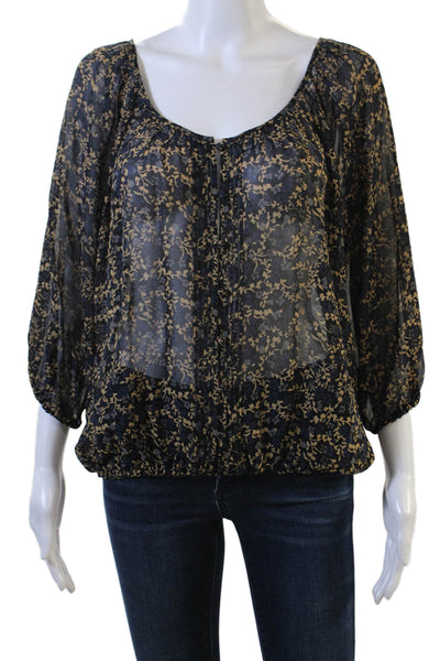 Joie Women Black Floral Silk 3/4 Sleeve Round Neck Bohemian Blouse Size XS