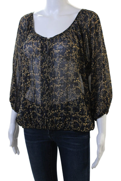 Joie Women Black Floral Silk 3/4 Sleeve Round Neck Bohemian Blouse Size XS