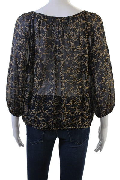 Joie Women Black Floral Silk 3/4 Sleeve Round Neck Bohemian Blouse Size XS