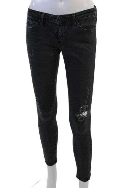 AG Women Skinny Ankle Jeans Black Mid-Rise Button Size 25