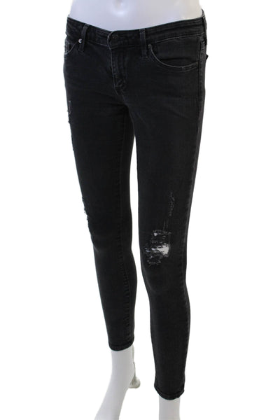 AG Women Skinny Ankle Jeans Black Mid-Rise Button Size 25