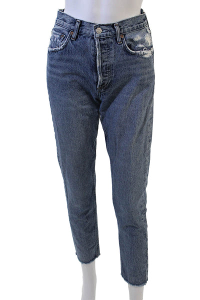 Agolde Women Cropped Mom Jeans Dark Blue Mid Rise Button Fly Size 24