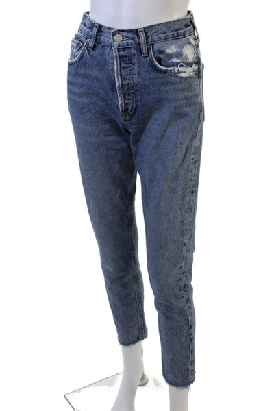 Agolde Women Cropped Mom Jeans Dark Blue Mid Rise Button Fly Size 24