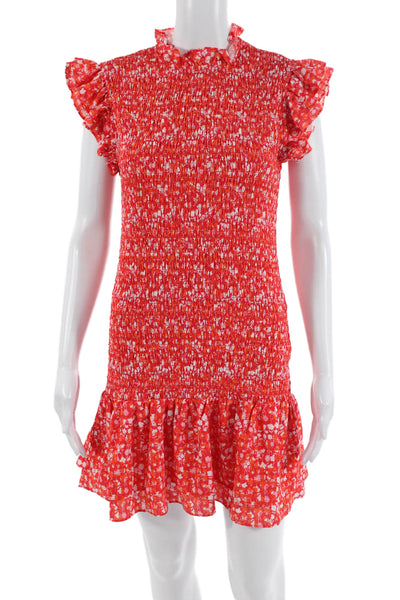 French Connection Women Shift Dress Red Floral High Neck Short Sleeve Size S