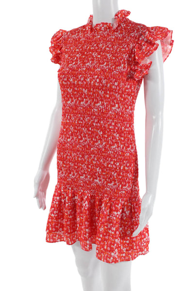 French Connection Women Shift Dress Red Floral High Neck Short Sleeve Size S
