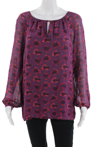 Tory Burch Women Purple Silk Floral Tunic Long Sleeve Round Neck Size 10