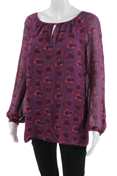 Tory Burch Women Purple Silk Floral Tunic Long Sleeve Round Neck Size 10