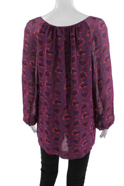 Tory Burch Women Purple Silk Floral Tunic Long Sleeve Round Neck Size 10