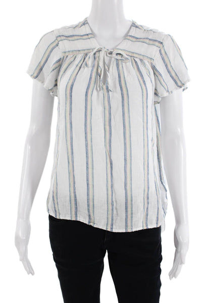 Rails Womens Striped White Tie Neck Short Sleeve Boho Linen Blend Blouse Size M
