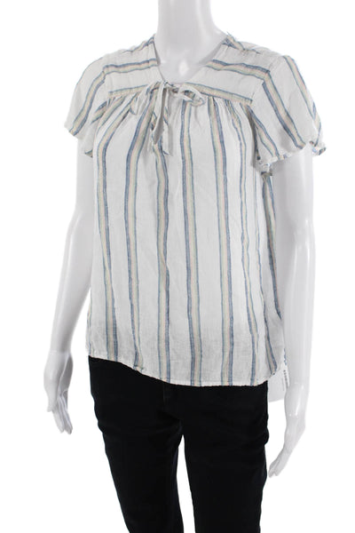 Rails Womens Striped White Tie Neck Short Sleeve Boho Linen Blend Blouse Size M