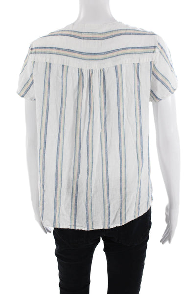 Rails Womens Striped White Tie Neck Short Sleeve Boho Linen Blend Blouse Size M