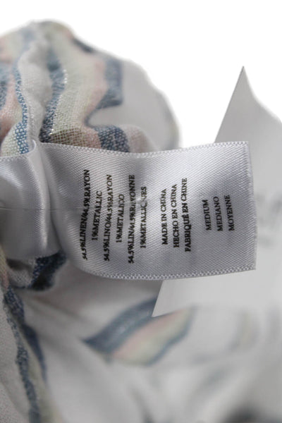 Rails Womens Striped White Tie Neck Short Sleeve Boho Linen Blend Blouse Size M