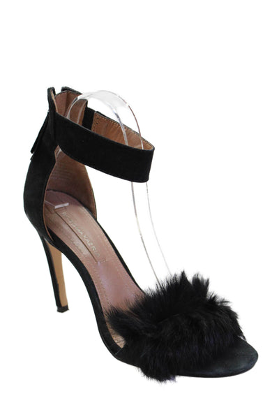 BCBGMAXAZRIA Womens Stiletto Feather Trim Ankle Strap Sandals Black Suede 37.5