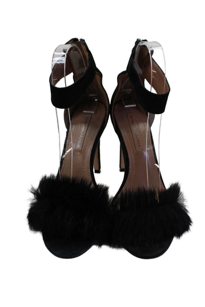 BCBGMAXAZRIA Womens Stiletto Feather Trim Ankle Strap Sandals Black Suede 37.5
