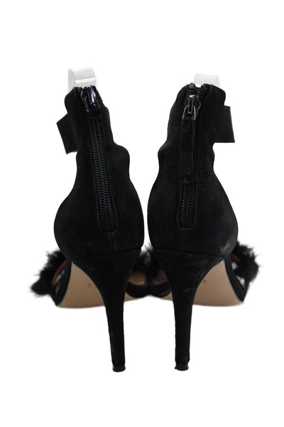 BCBGMAXAZRIA Womens Stiletto Feather Trim Ankle Strap Sandals Black Suede 37.5
