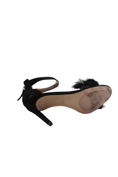 BCBGMAXAZRIA Womens Stiletto Feather Trim Ankle Strap Sandals Black Suede 37.5