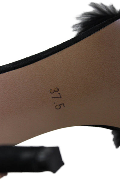 BCBGMAXAZRIA Womens Stiletto Feather Trim Ankle Strap Sandals Black Suede 37.5