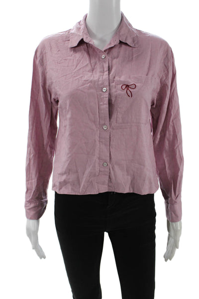 Zara Womens Cropped Collared Cotton Button-Up Long Sleeve Pink Size 14