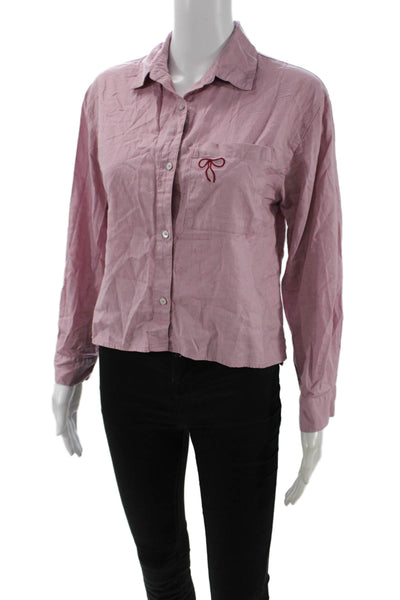 Zara Womens Cropped Collared Cotton Button-Up Long Sleeve Pink Size 14