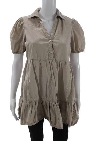 Zara Women Tunic Blouse Beige Cotton Collared Button-Up Short Sleeve Size S