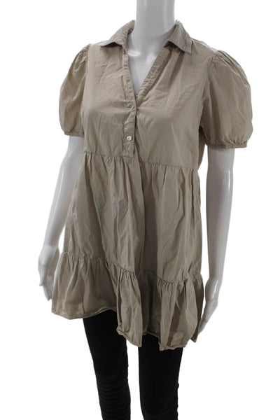 Zara Women Tunic Blouse Beige Cotton Collared Button-Up Short Sleeve Size S