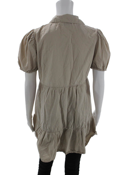 Zara Women Tunic Blouse Beige Cotton Collared Button-Up Short Sleeve Size S