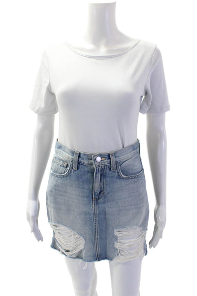L Agence Womens Zipper Fly Distressed Fringe Denim Skirt Blue Size 24