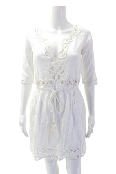 Gretchen Scott Women Kaftan Dress White Cotton 3/4 Sleeve Knee Length Size S