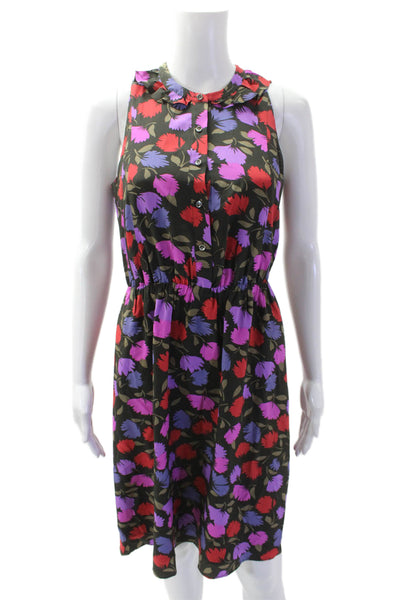 J Crew, Womens Shirt Dress Black Floral Silk Sleeveless Short Collared Size 0