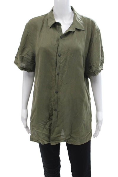 ONIA Women Collared Short Sleeve Linen Lyocell Button-Up Green Size S