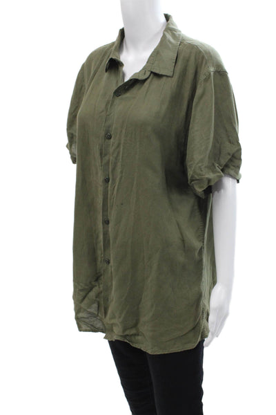ONIA Women Collared Short Sleeve Linen Lyocell Button-Up Green Size S
