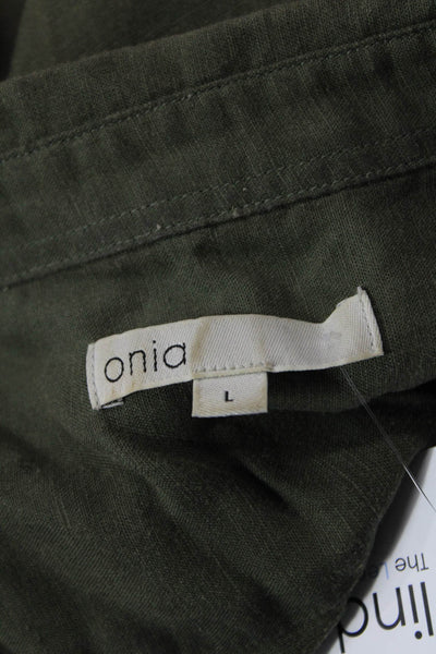 ONIA Women Collared Short Sleeve Linen Lyocell Button-Up Green Size S
