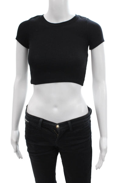Katie J Women Cropped T-Shirt Black Crew Neck Short Sleeve 90s Size L