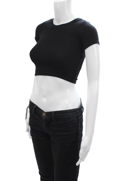 Katie J Women Cropped T-Shirt Black Crew Neck Short Sleeve 90s Size L