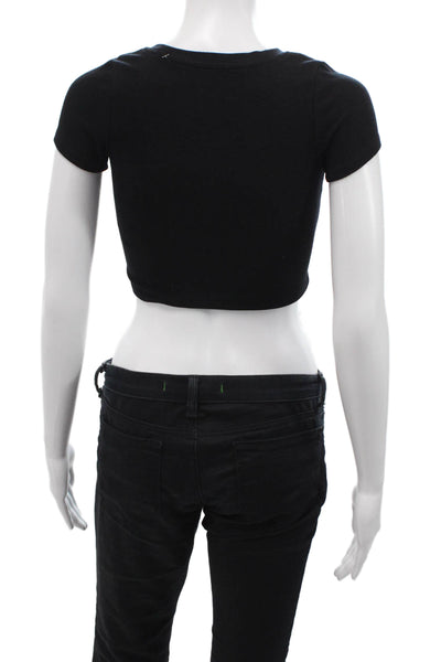 Katie J Women Cropped T-Shirt Black Crew Neck Short Sleeve 90s Size L