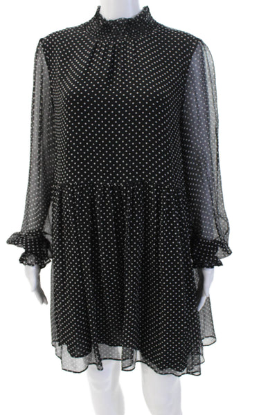 Sezane Women Shift Dress Black Polka Dot Silk Long Sleeve Size S