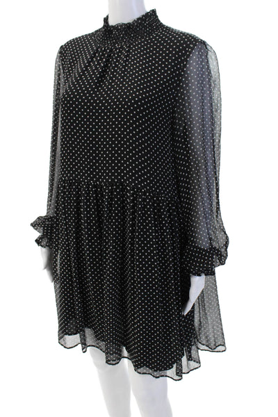 Sezane Women Shift Dress Black Polka Dot Silk Long Sleeve Size S
