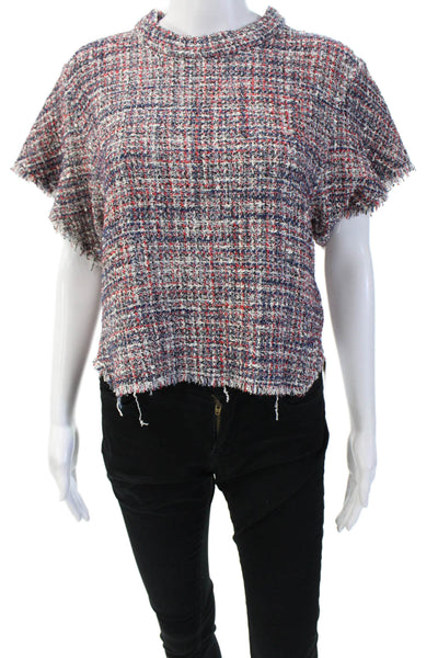 IRO Women Cropped Mock Neck Check Short Sleeve Zip Top Blue Size 34