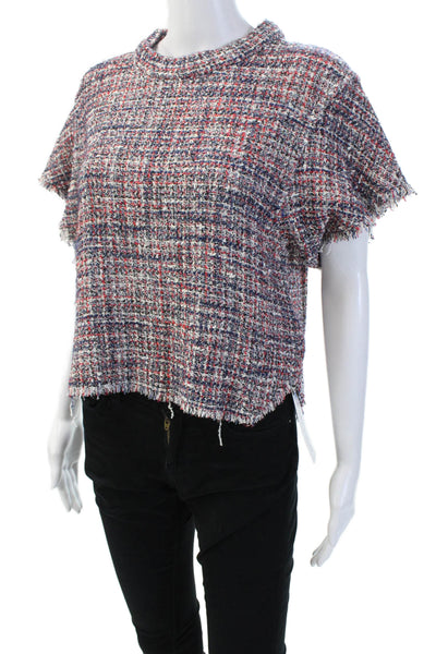 IRO Women Cropped Mock Neck Check Short Sleeve Zip Top Blue Size 34