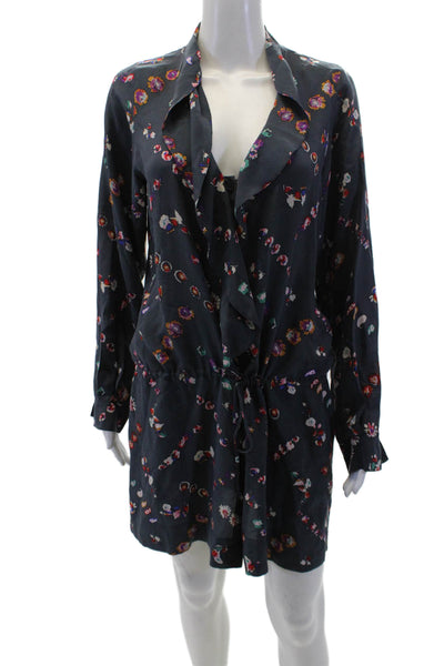 Rebecca Taylor Women Dark Blue Floral Long Sleeve Shirt Dress Size 2