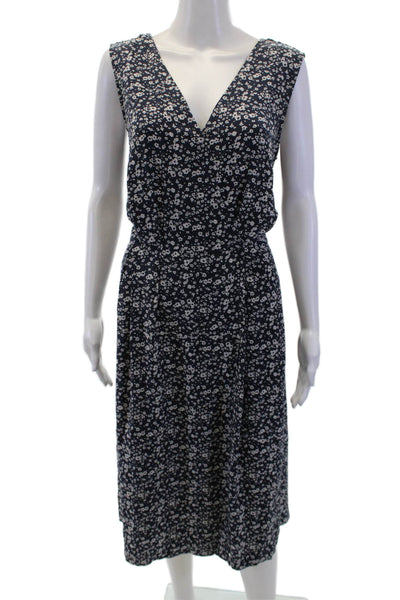 Steven Alan Women Silk V-Neck Floral Sundress Sleeveless Tie Dark Blue Size M
