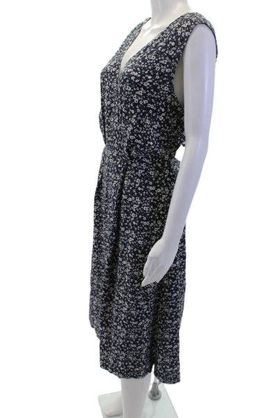 Steven Alan Women Silk V-Neck Floral Sundress Sleeveless Tie Dark Blue Size M