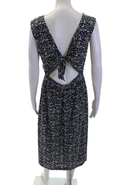 Steven Alan Women Silk V-Neck Floral Sundress Sleeveless Tie Dark Blue Size M