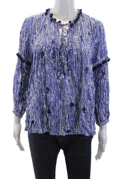 Poupette St. Barth Women Boho Geometric Lace-Up Tunic 3/4 Sleeve Blue Size M
