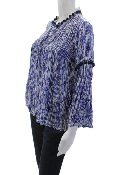 Poupette St. Barth Women Boho Geometric Lace-Up Tunic 3/4 Sleeve Blue Size M