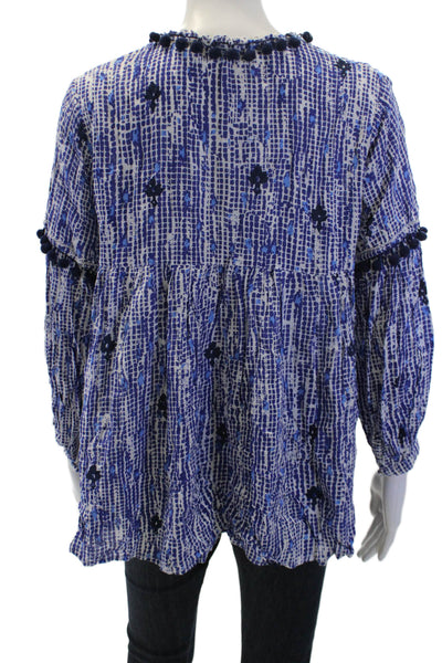 Poupette St. Barth Women Boho Geometric Lace-Up Tunic 3/4 Sleeve Blue Size M