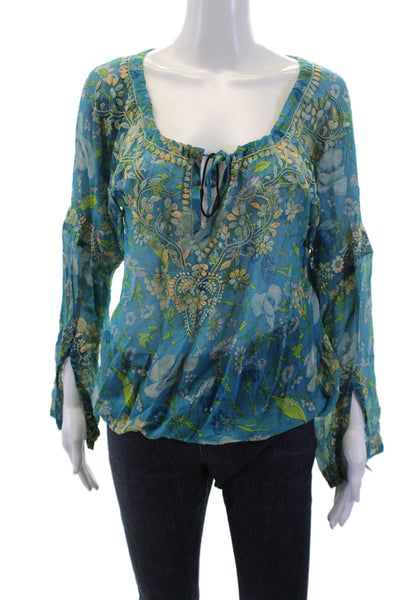 Calypso Christiane Celle Women Blue Floral Tunic Long Sleeve Drawstring Size 0
