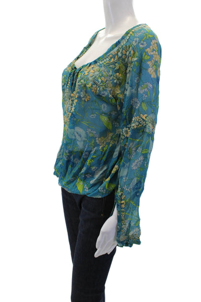 Calypso Christiane Celle Women Blue Floral Tunic Long Sleeve Drawstring Size 0