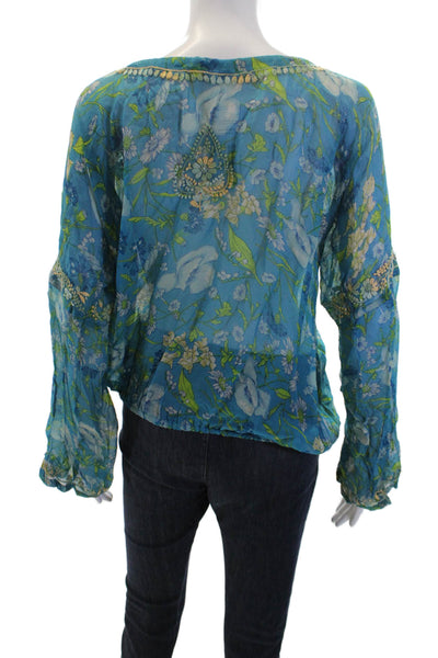 Calypso Christiane Celle Women Blue Floral Tunic Long Sleeve Drawstring Size 0